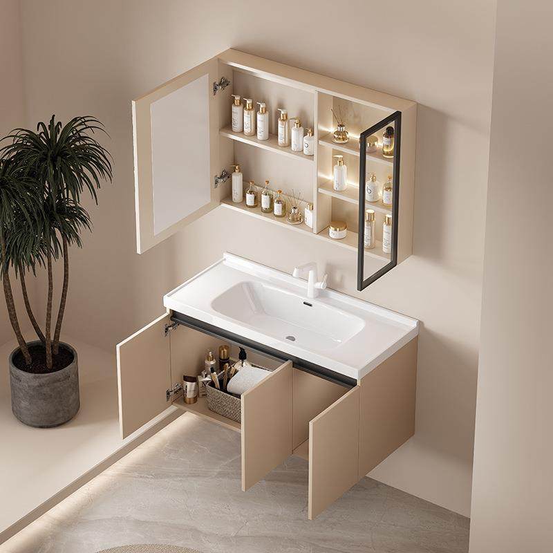 伊智凯迪轻奢油风浴室柜组合镜罗柜奶能防水防潮实木带龙头脸243