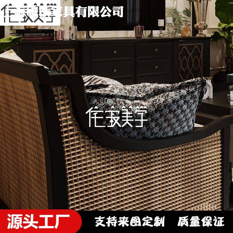 法35165465式复古藤编花三人位沙发别酒店实墅木雕客厅卧美式室藤