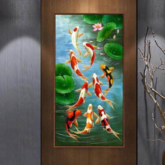 十字绣九鱼图2019新款客厅大幅满绣山水风景画荷花款