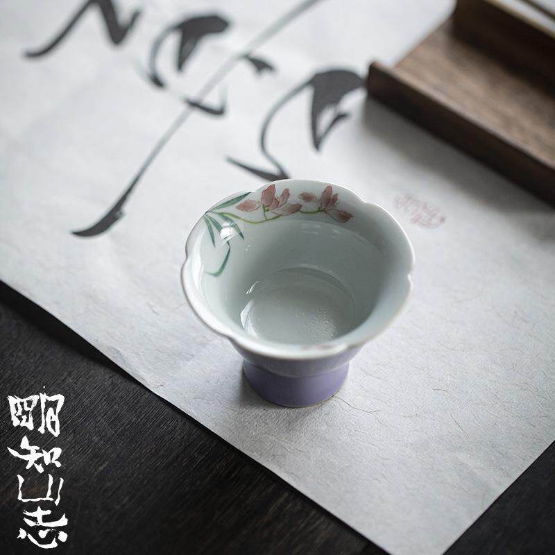 明知山志 木槿紫花口高足单杯 手绘兰花文人器品茗杯 礼盒装茶杯