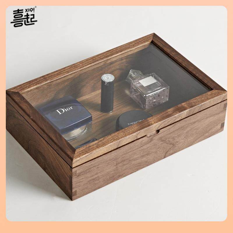 ⇕喜起黑胡桃实木桌面防尘收纳盒透明玻璃展示盒木质首饰标本陈