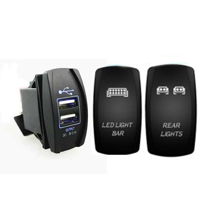 1X开关式 5V 3.1A 车充 +2X 5PIN ON-OFF镭雕图案开关组合 蓝灯