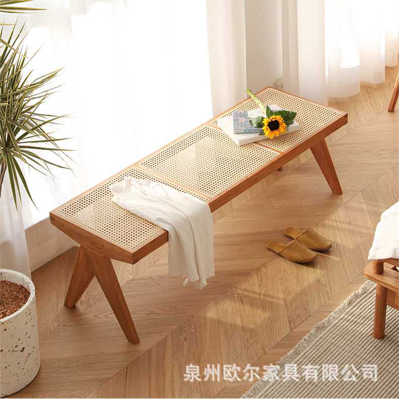 北欧实木长凳家用门口换鞋凳设计师简约餐椅卧室创意藤编床尾凳