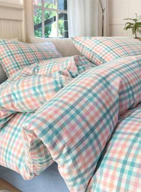 类全棉色织水洗棉上四件床45025用品被套学生宿A舍三件套套单床笠