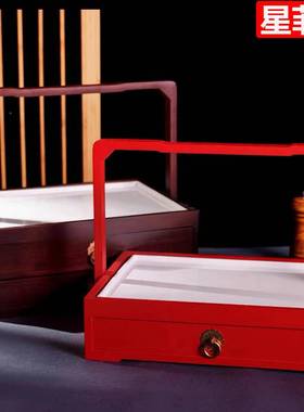 中长式复古酒店餐厅创意具红色棕木JFC提篮盒方新平板盘冷菜摆盘