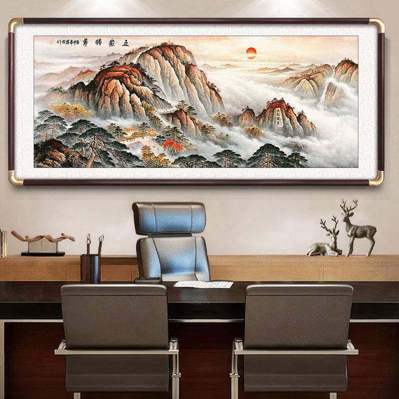 客厅挂议画卯流水生财山水画式榫实木国GSE画装饰画酒店中会室壁