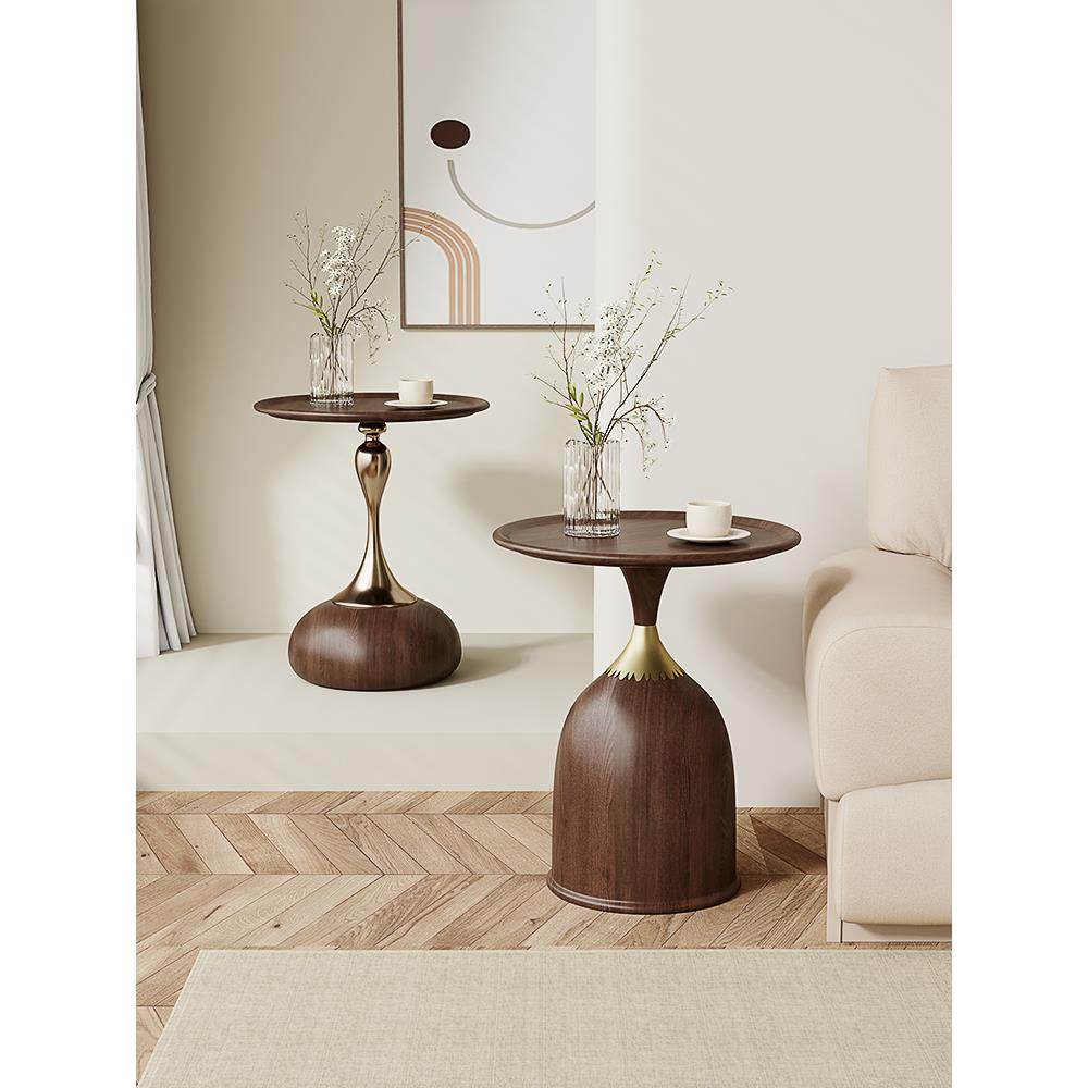 胡桃木色边几意式极简圆几圆形茶几简约轻奢床头柜边几沙发小圆桌