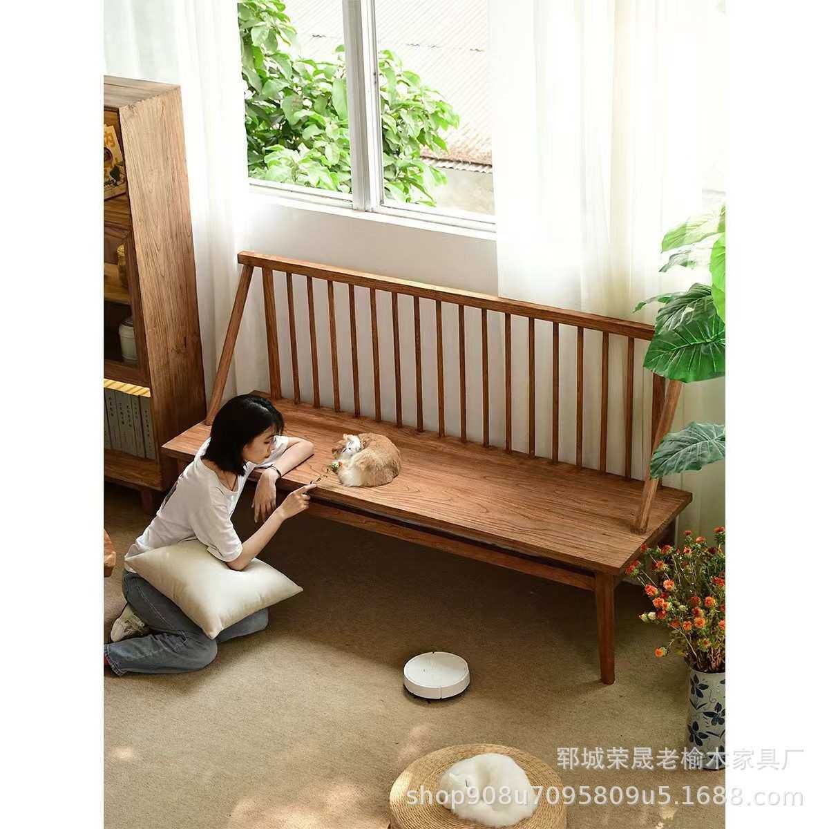 老榆木靠背长条椅门板长条凳户外田园实木沙发椅简易复古中式餐椅