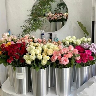 韩式花桶铝桶铝制养花桶商场酒店花艺展示摆件醒花桶北欧银色花器