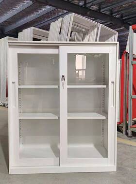 上海钢制物纯白色铁皮文件柜矮柜玻璃推JFP拉门铁门移储资柜料档