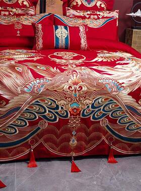 高端婚庆红陪嫁106S长绒棉绣棉花结婚四件ILJ套色全贡缎喜庆十件
