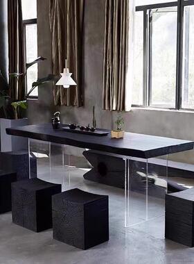 亚克力炭化黑色实设木茶桌宿原木板大工作民台计师创意悬DJN浮餐