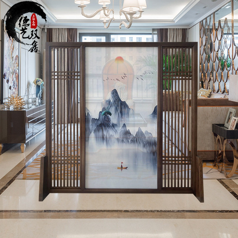 东阳木雕新中式实木玄关隔断 仿古木质花格格栅 客厅落地屏风座屏