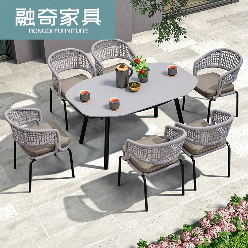 户外绳编餐桌椅组别墅酒店农家乐防水防锈露台花园庭院异型岩板桌