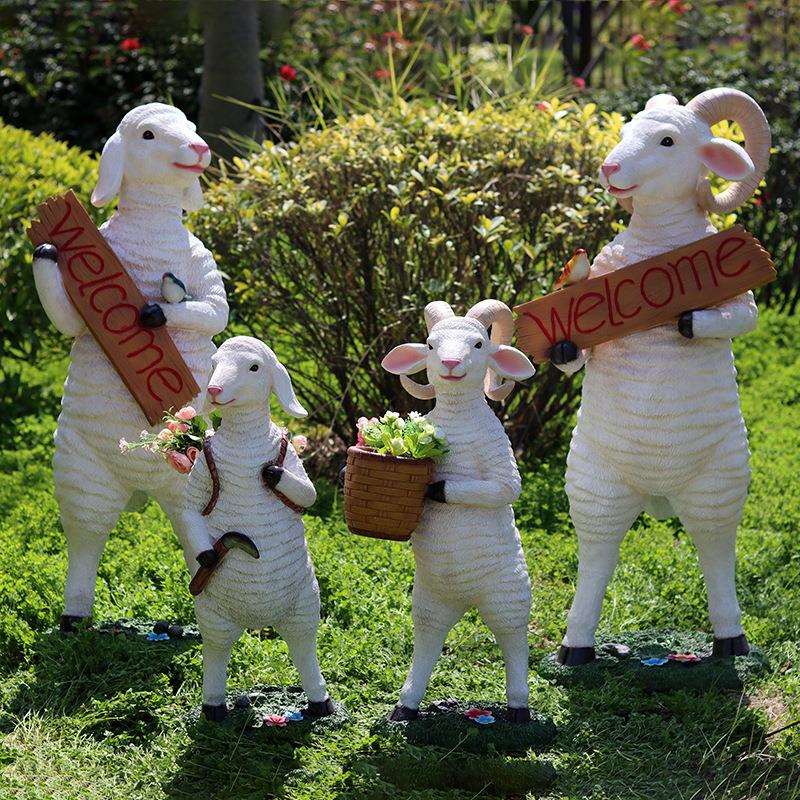 卡通羊摆件欢迎字母举牌绵羊花盆庭院草坪装饰品幼儿园植物角造景