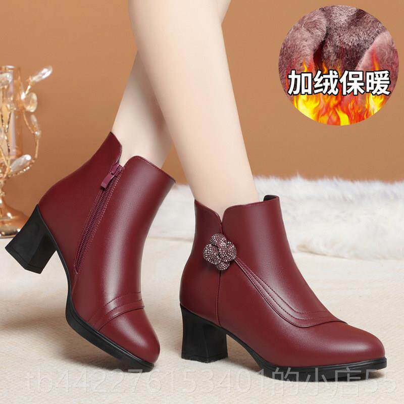 正品靴女冬季短靴真高皮跟跟红色妈女妈鞋加绒棉鞋中年靴喜婆婆粗