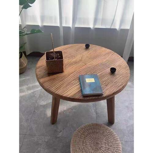 老榆木圆桌茶桌客厅沙发边几风化阳台茶几禅意小户型小矮桌
