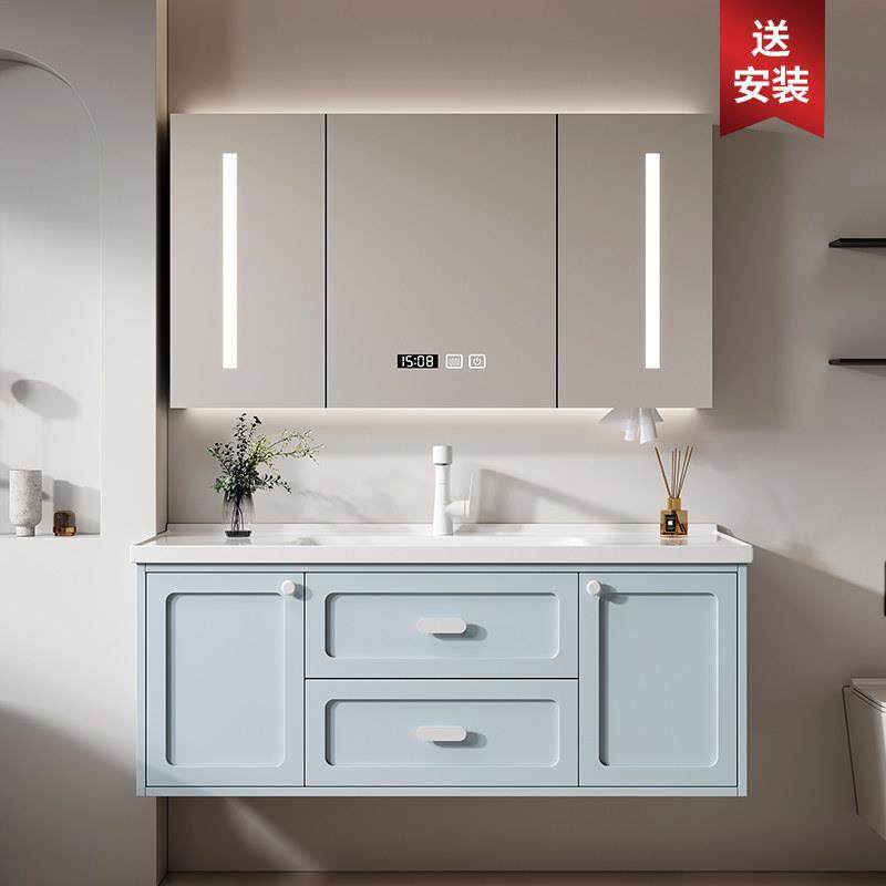 法式橡木浴室柜组合陶瓷一体盆洗漱卫生洗手间洗脸洗手盆柜挂墙式