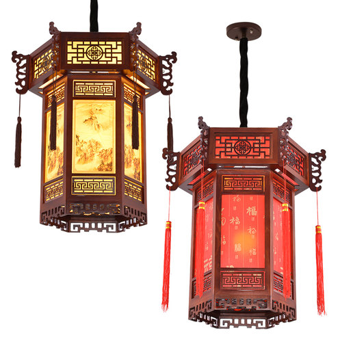 中式吊灯仿古实木宫灯宫廷古建筑客栈餐厅寺庙长廊亭子六角红灯笼