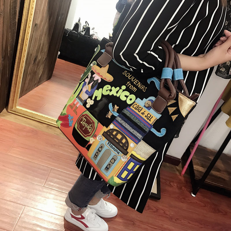 2021新款女包 复古手提斜挎包韩版手工刺绣潮包创意绣花帆布包