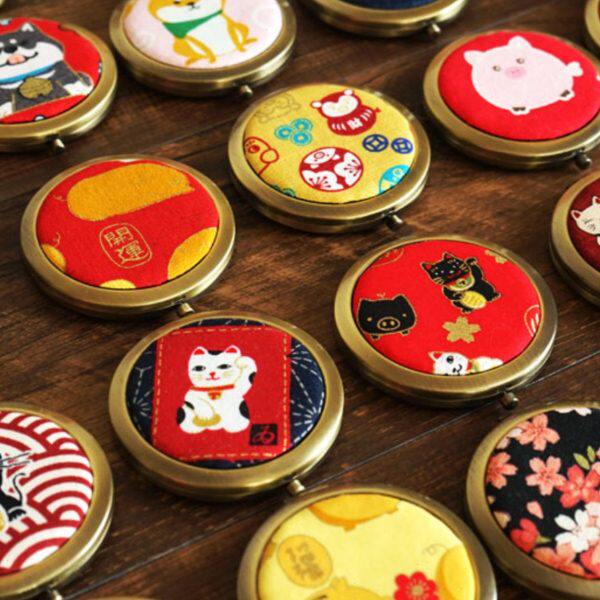 手工定制日式布艺化妆镜双面光面古铜色镜折叠小镜子随身镜礼物