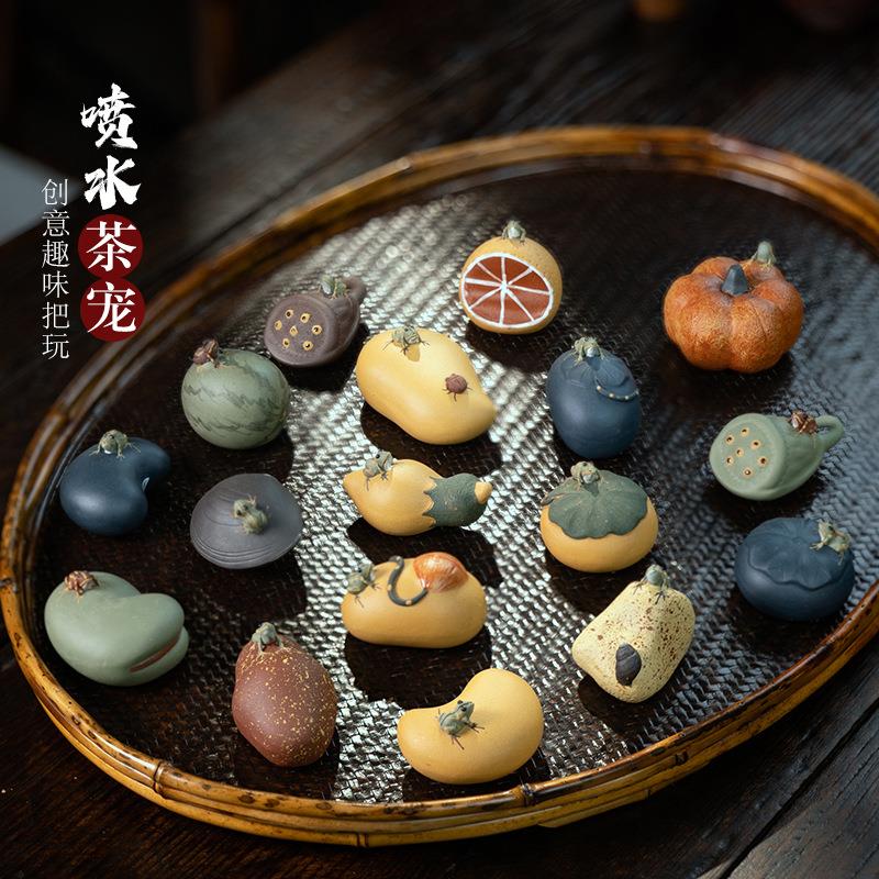 宜兴紫砂茶宠喷水西瓜摆件手工青蛙南瓜莲子柠檬蚕豆茶具雕塑