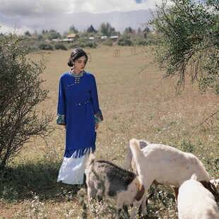 梦幻之蓝 明净旷然 流苏国风棉麻学院风女 休闲民族风藏服连衣裙