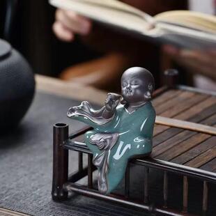 中式陶瓷哥窑小和摆件禅意CUA家居品博架装饰可爱古小尚沙弥