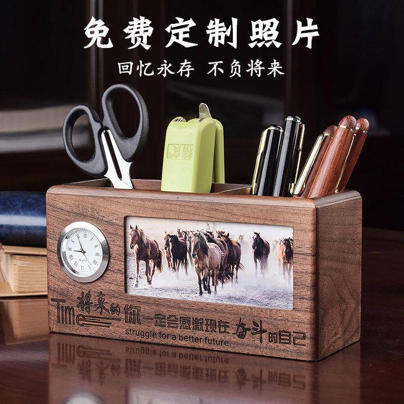 创l意多能木质笔公室桌面复古摆件个性收纳盒筒学生印oF004g功o