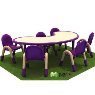 奇特儿乐童木月亮桌幼儿106园桌椅升降月弯桌实月亮造型课桌六人