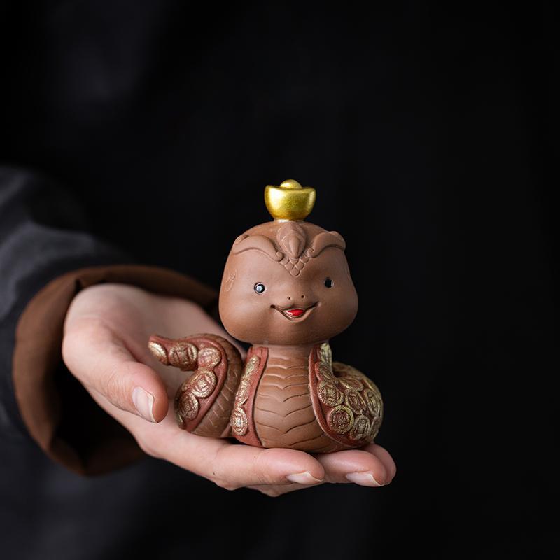 可紫砂元宝小蛇宠摆件精品爱萌宠茶RCB客厅家居装饰蛇年工艺小茶