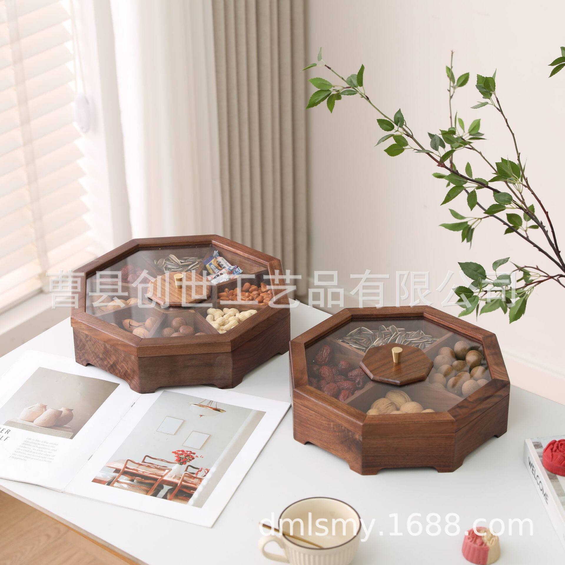 中式胡桃木干果收纳盒八角形婚庆早生贵子实木干果收纳盒分格带盖
