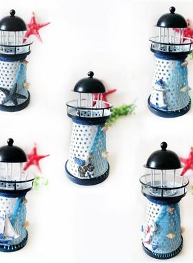 地中海灯塔摆件家居桌面摆饰小号 LED灯烛台铁皮圆孔海洋风摆件