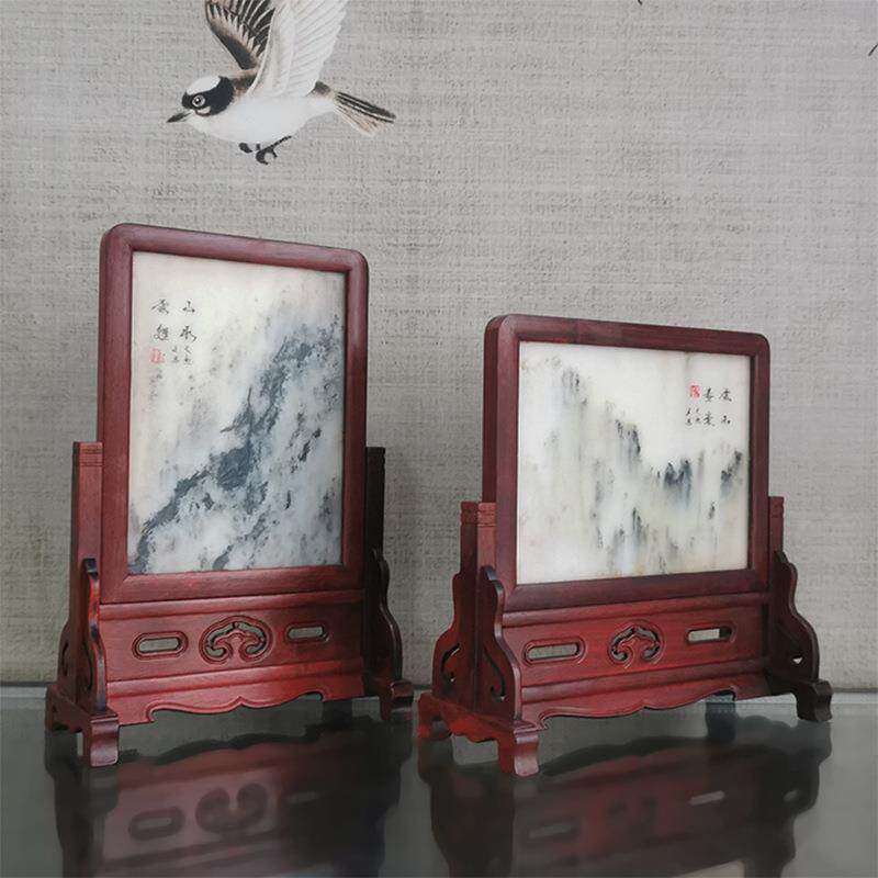 红木屏风 花梨木嵌天然石纹插屏 实木台屏小屏风石头桌屏摆件