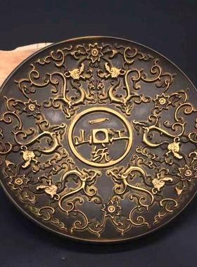 古玩杂项铜器铜盘子一统江山浮雕霸气摆件盘子九子真龙纯铜摆件