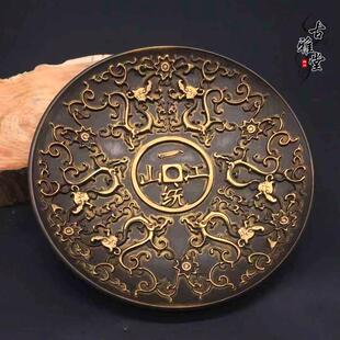 古玩杂项铜器铜盘子一统江山浮雕霸气摆件盘子九子真龙纯铜摆件