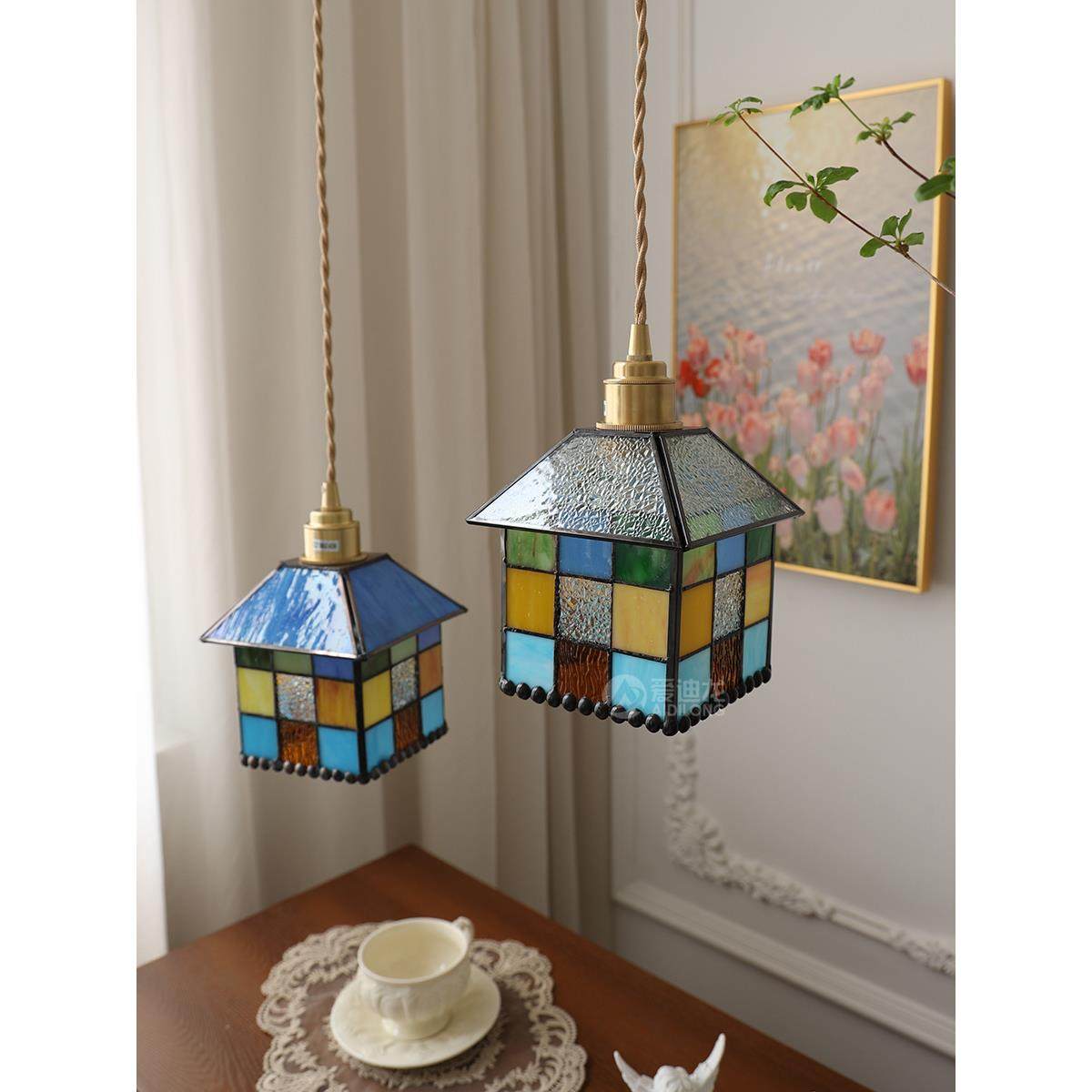 蒂凡尼复古彩色玻璃小房子酒吧创意个性地中海餐厅咖啡厅橱窗吊灯
