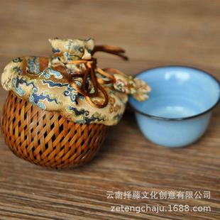 大漆宋锦竹编茶杯杯笼土布云锦收纳包旅行便携茶具包功夫茶具配件