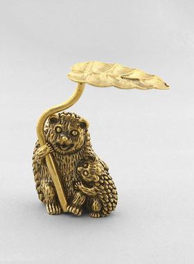 黄铜刺猬母子复古办公室茶桌创意功夫茶具茶壶盖托纯铜茶道配件