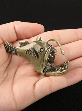 海洋巨兽仿古董古玩鮟鱇灯笼鱼黄铜摆件创意桌宠茶宠铜工艺品收藏