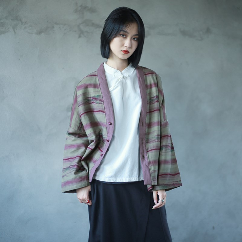 春秋棉麻短外套女文艺复古条纹长袖开衫宽松休闲印花V领盘扣上衣