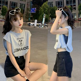 假两件t恤女夏装2020新款无袖坎肩高腰短款露肚脐宽松上衣外穿潮