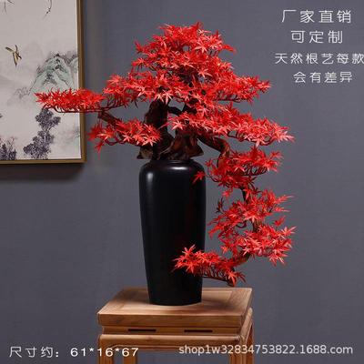 新中式仿真迎客松盆景摆件禅意客厅桌面酒店会花盆所玄关礼品