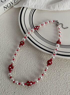 小清新草莓珍珠项链小众设计感高级轻奢锁骨链甜美风少女简约颈链