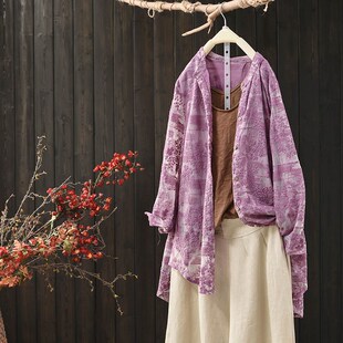 默念文艺范2021春秋新款 女宽松复古外套上衣 中长纯棉刺绣立领开衫