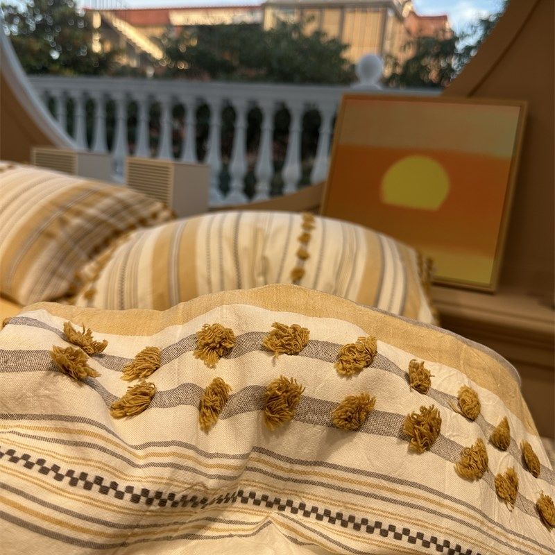 色织水洗棉芝士奶酪黄毛球球床上四件套全棉1.5m1.8米公寓被套三