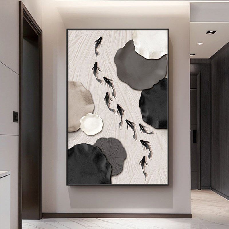 九鱼图客厅装饰画黑白灰抽象艺术沙发背景墙挂画入户玄关尽头壁画,家居饰品,现代装饰画,淘宝优惠券,粉丝福利购,淘宝优惠卷