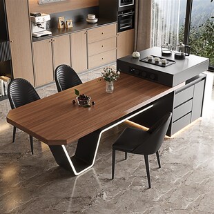 龙抬头实木岩板岛台餐桌一体组合意式极简轻奢高级感可伸缩家用桌