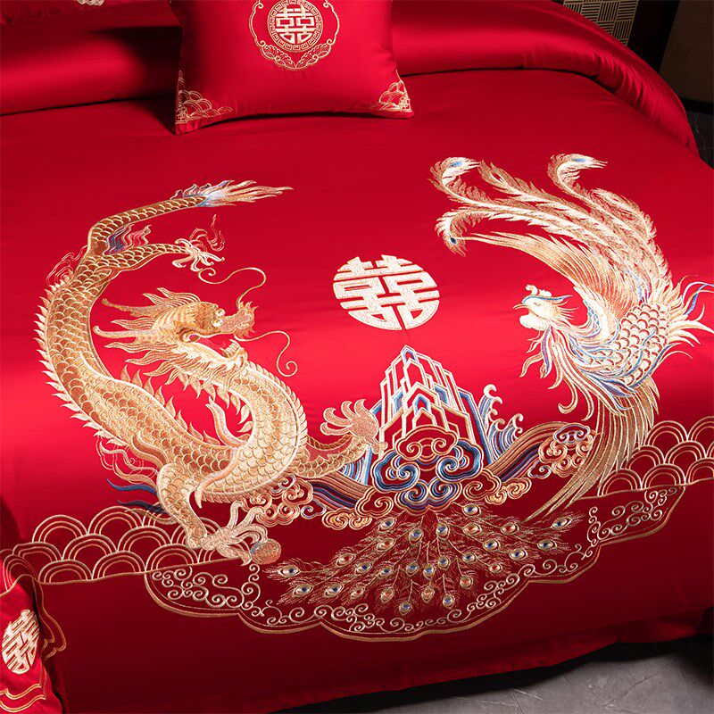 高档中式龙凤刺绣婚庆四件套红色结婚陪嫁六件套纯棉被套新婚床品
