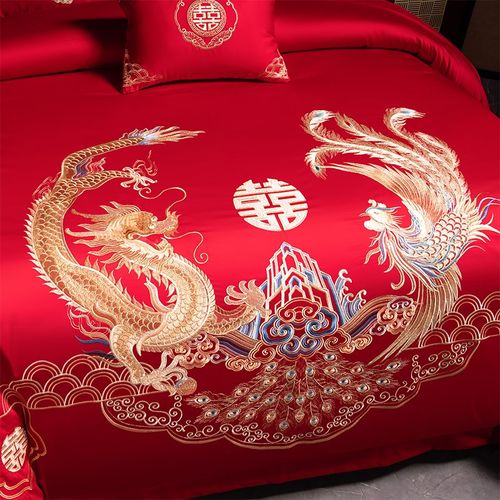 高档中式龙凤刺绣婚庆四件套红色结婚陪嫁六件套纯棉被套新婚床品